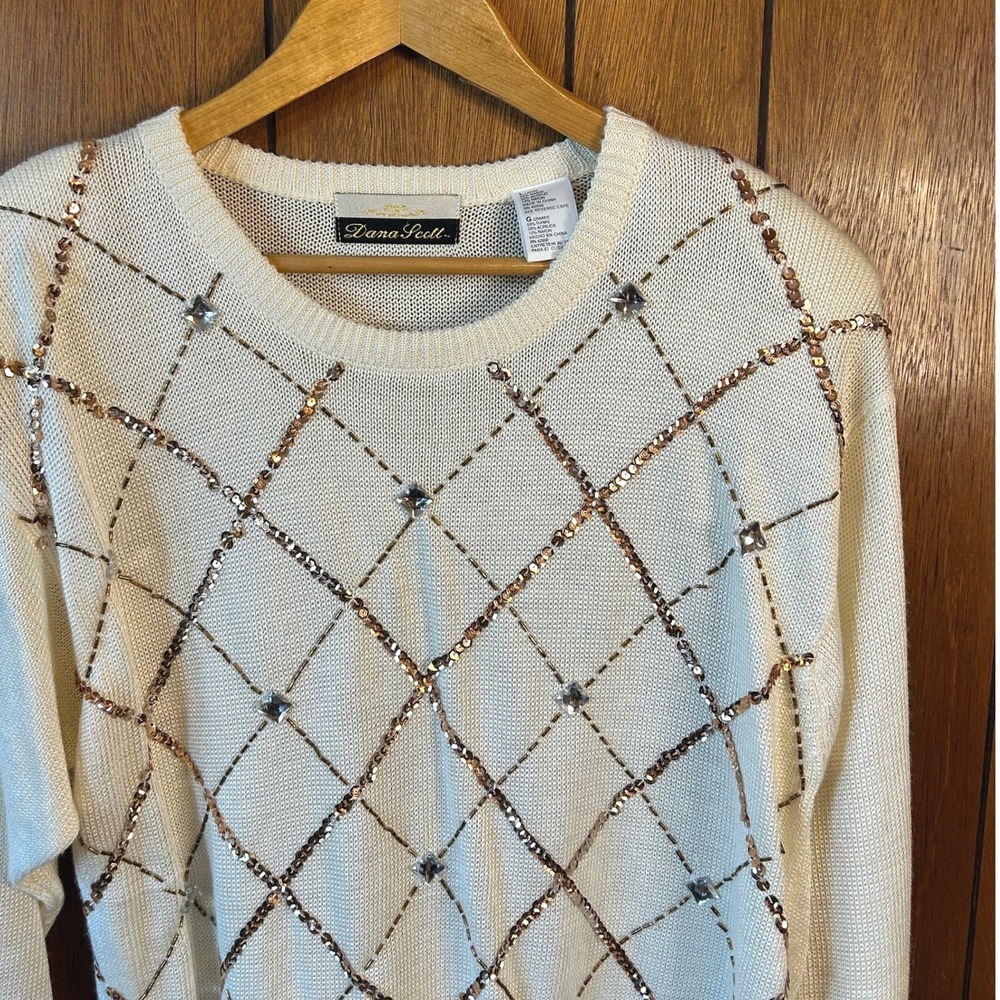 Dana Scott Sweater Large Ivory‎ Beaded Sequin Embellished Knit Top Retro Holiday